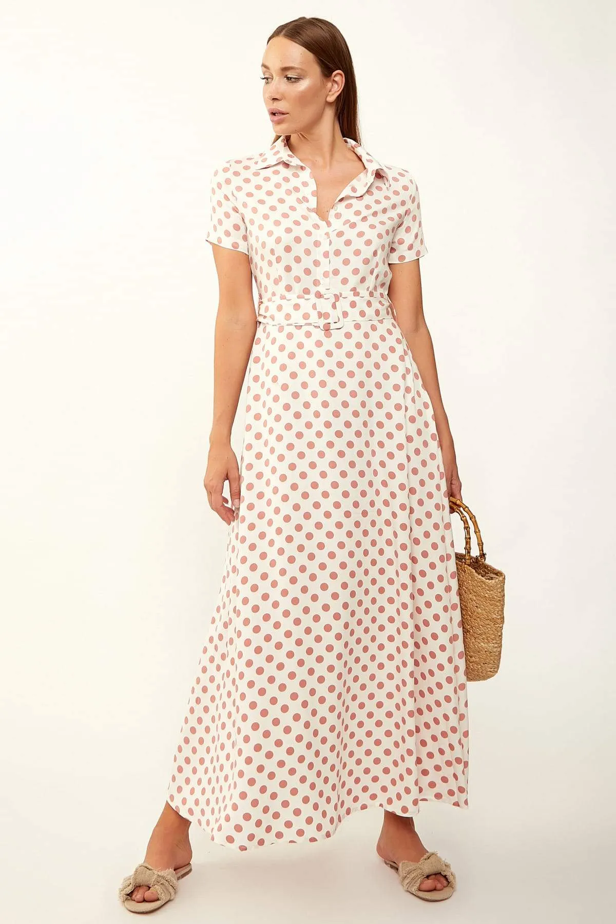 13065 Off-Whit Polka Dot Unlined Maxi Dress