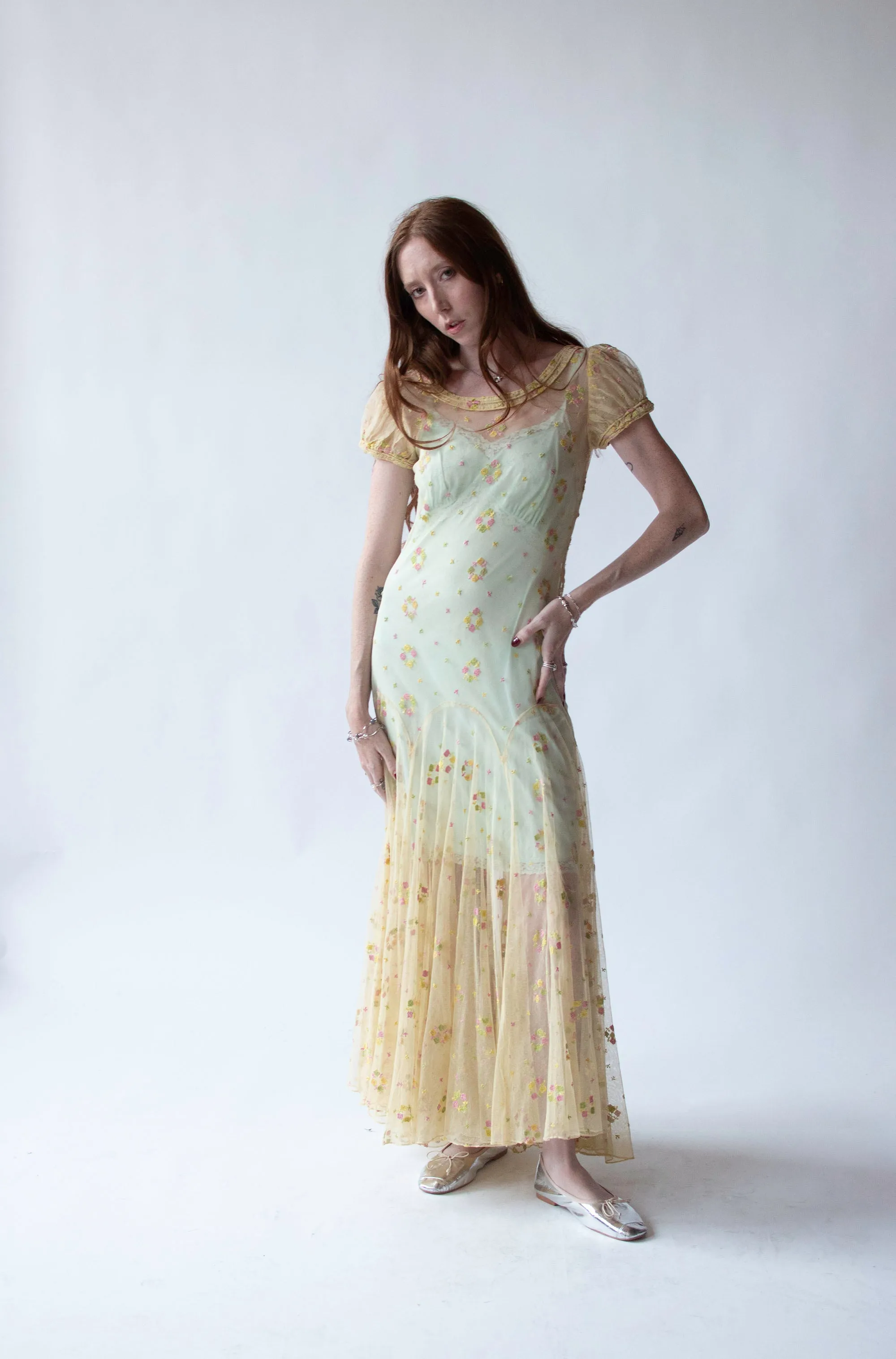 1930s Embroidered Mesh Dress