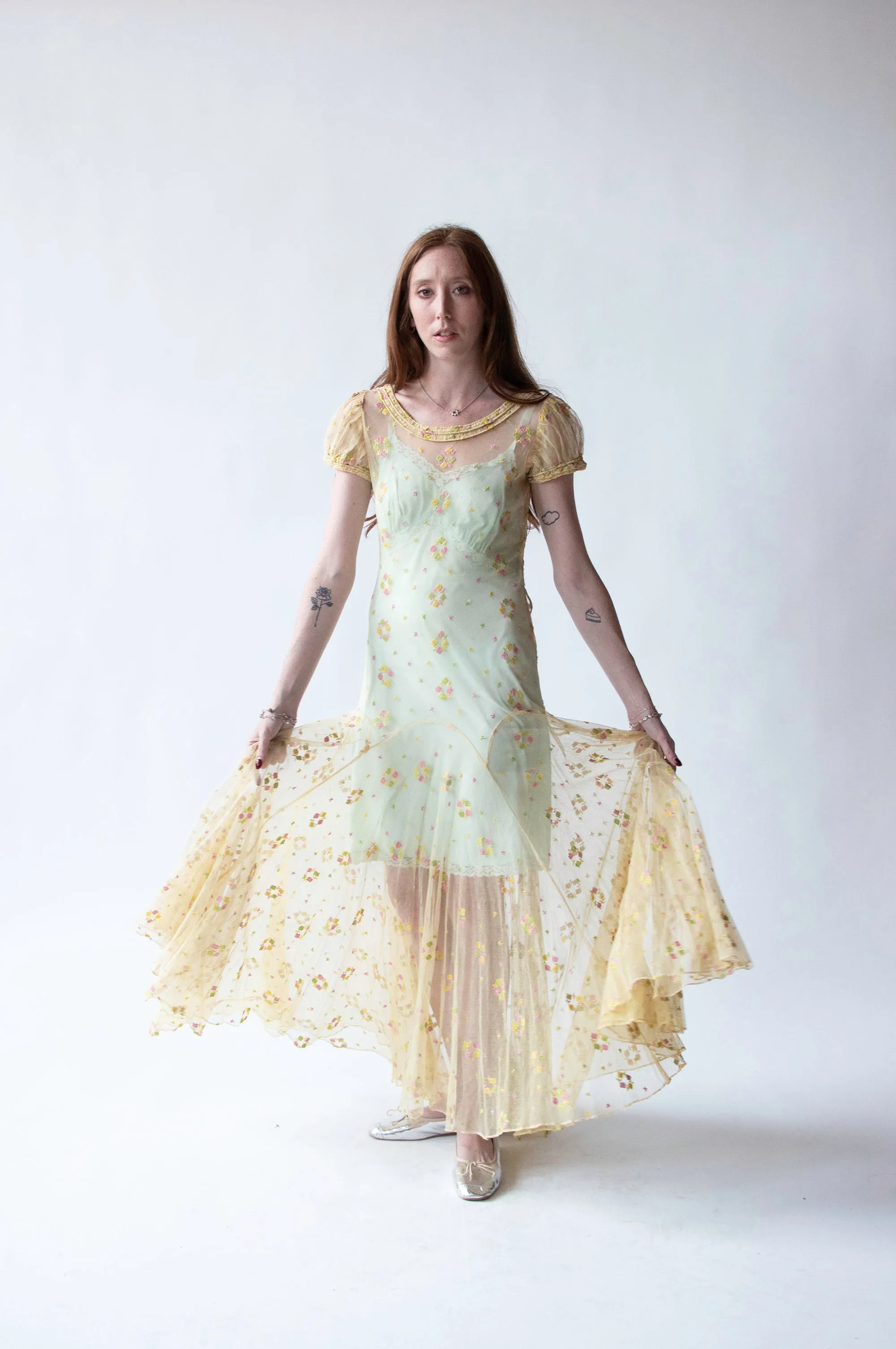 1930s Embroidered Mesh Dress