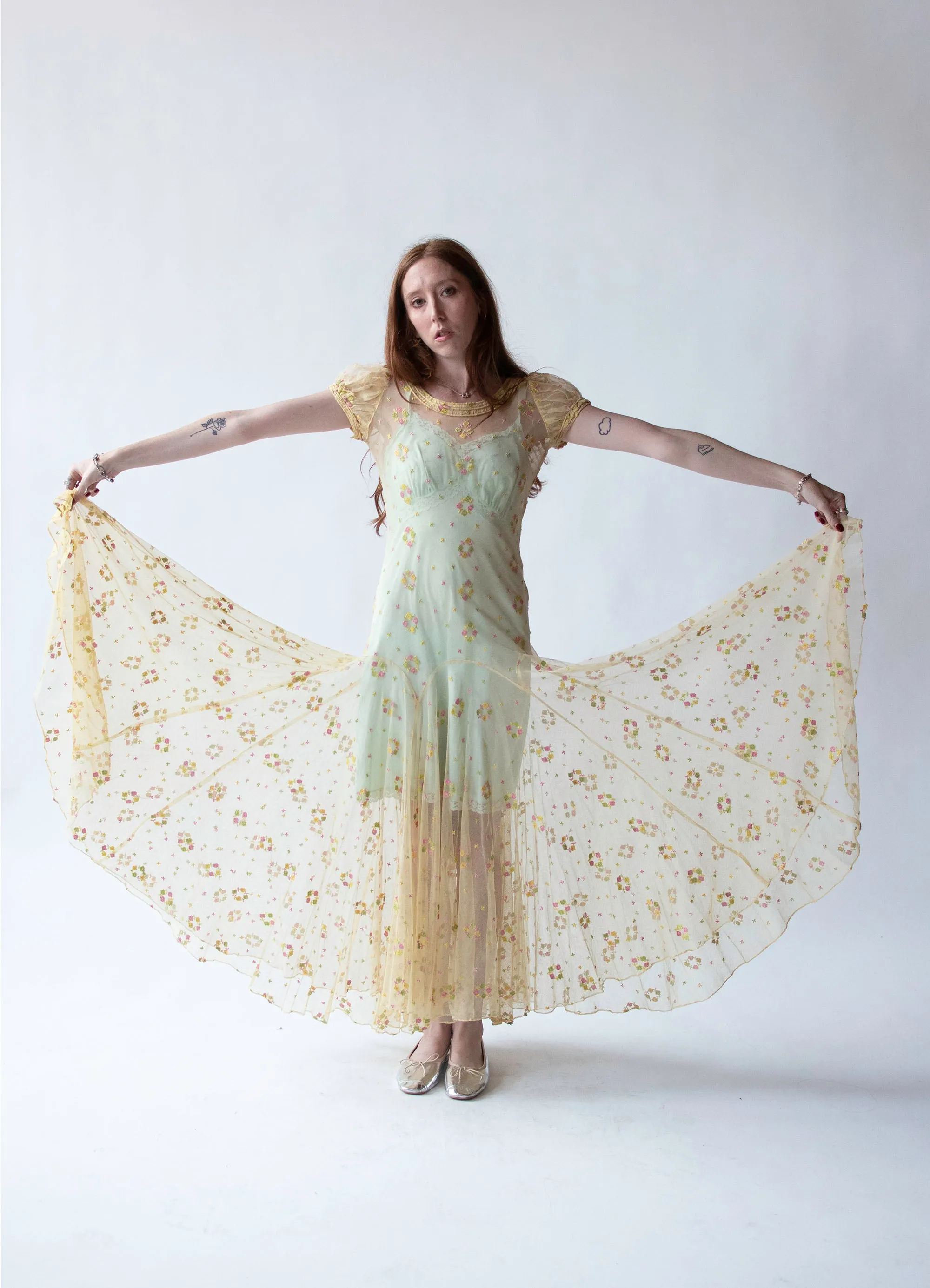 1930s Embroidered Mesh Dress
