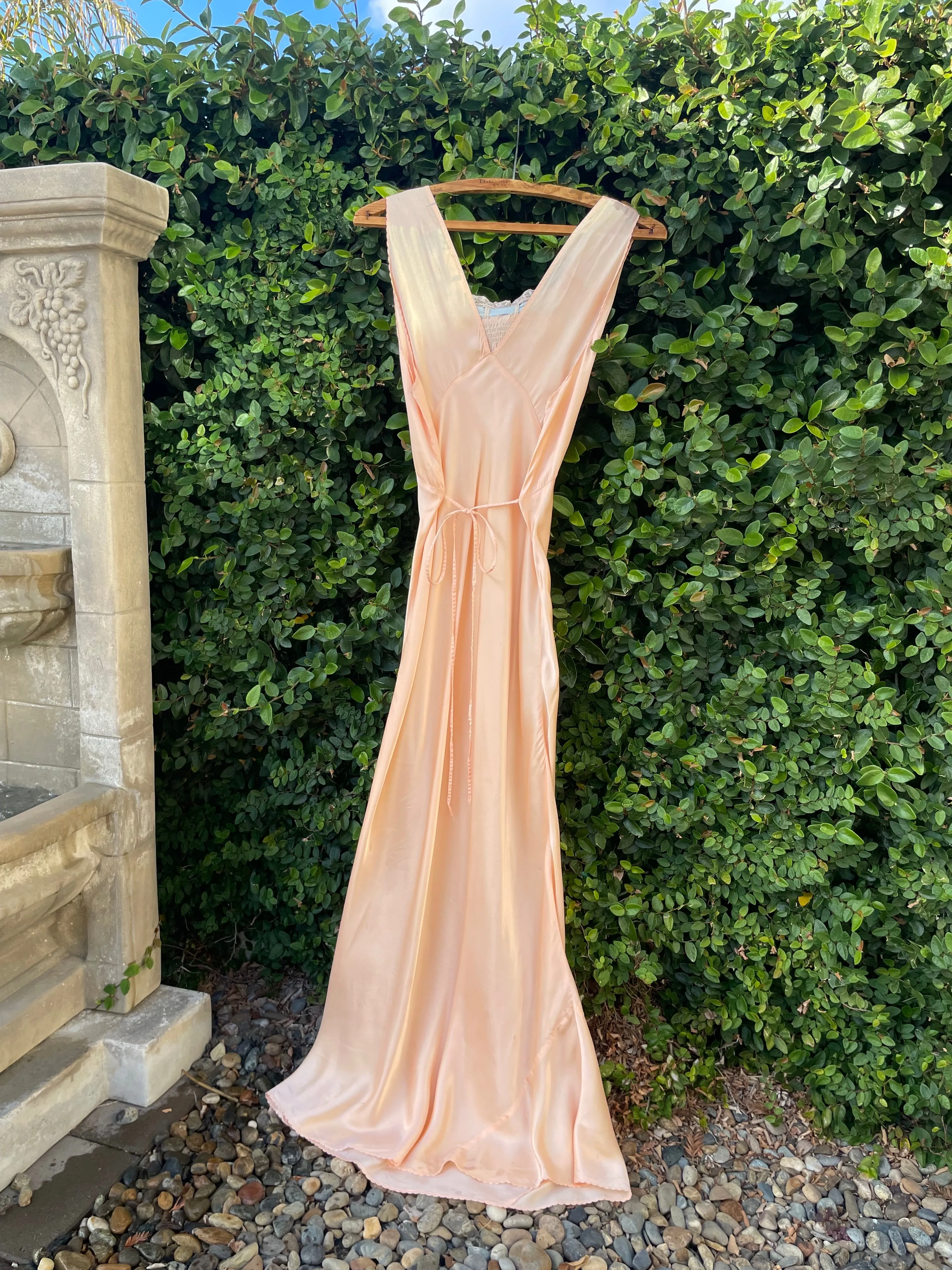 1940s Pink Rayon Satin Bias Cut Slip Dress With Ribbon Detailing