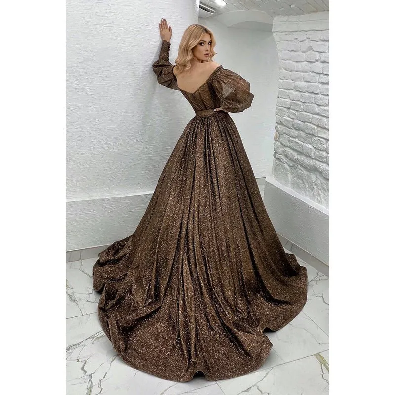 A-line Off The Shoulder Long Sleeves Prom Dress Glitter