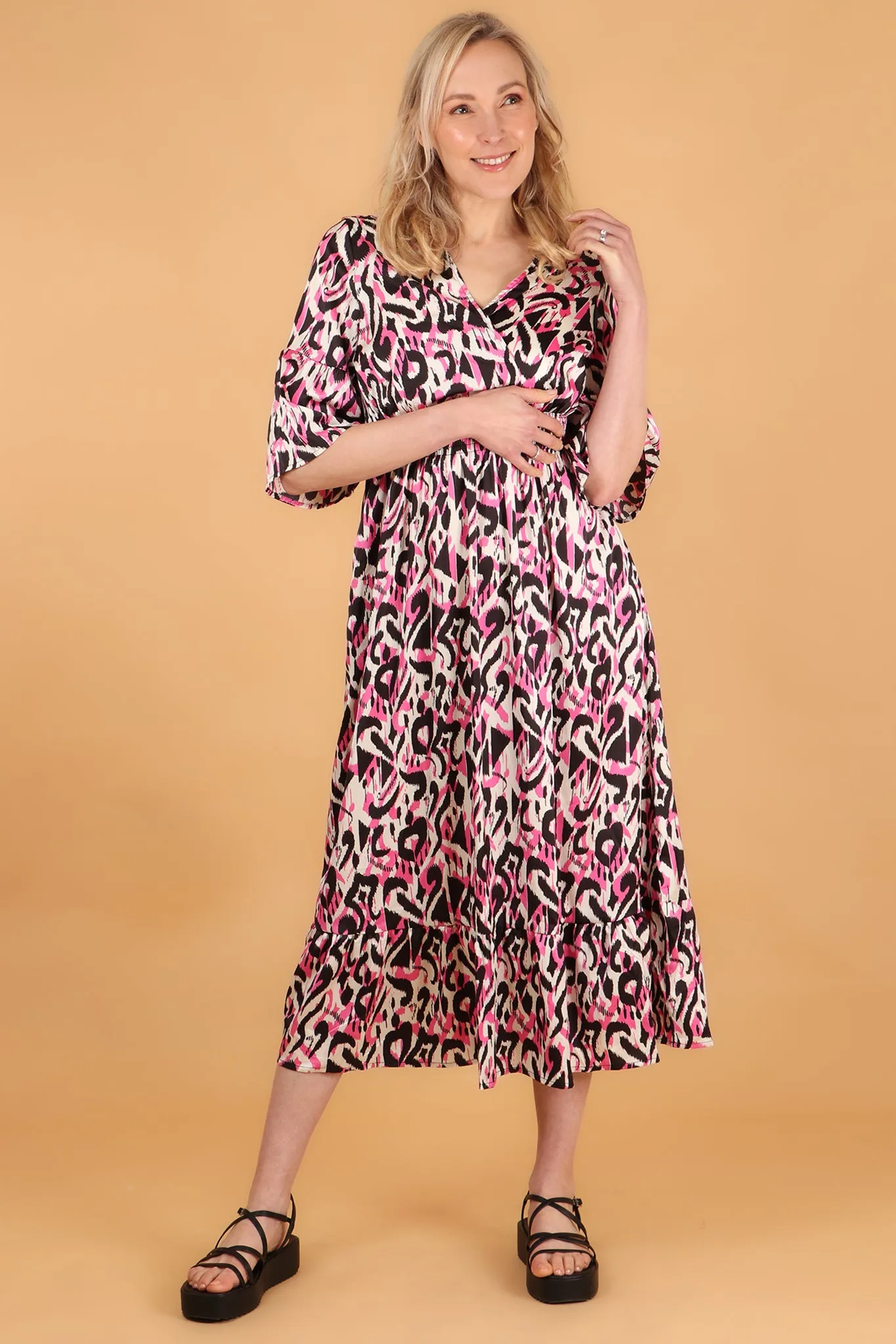 Abstract Ikat Print V-Neck Fluted Sleeve Shirred Maxi Dress in Pink