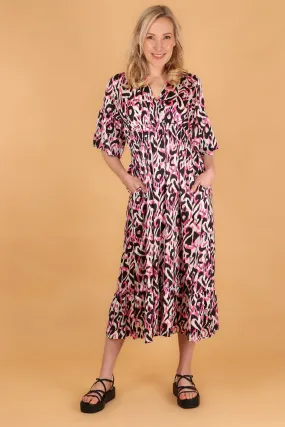 Abstract Ikat Print V-Neck Fluted Sleeve Shirred Maxi Dress in Pink