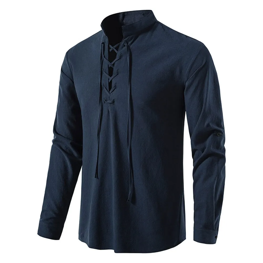 Angelo Ricci™ Casual Long Sleeve Button Loose Linen Henley Shirt