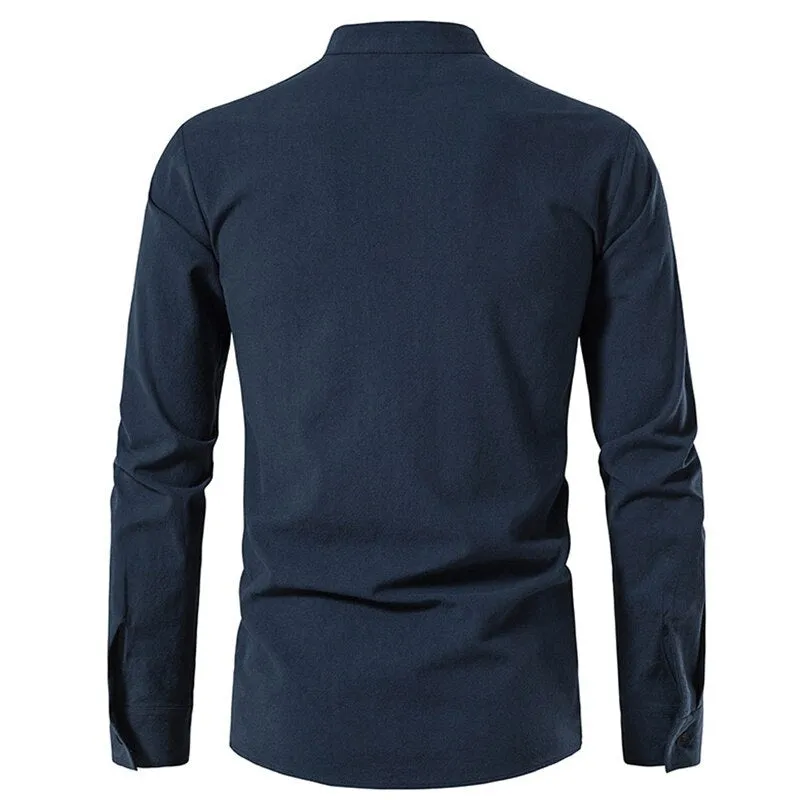 Angelo Ricci™ Casual Long Sleeve Button Loose Linen Henley Shirt