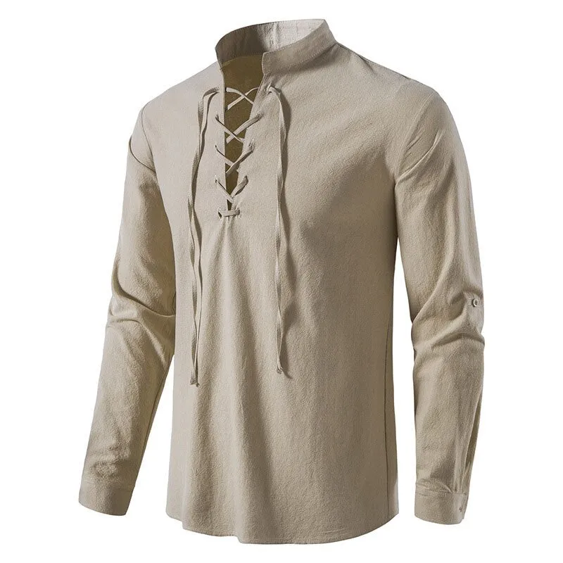 Angelo Ricci™ Casual Long Sleeve Button Loose Linen Henley Shirt