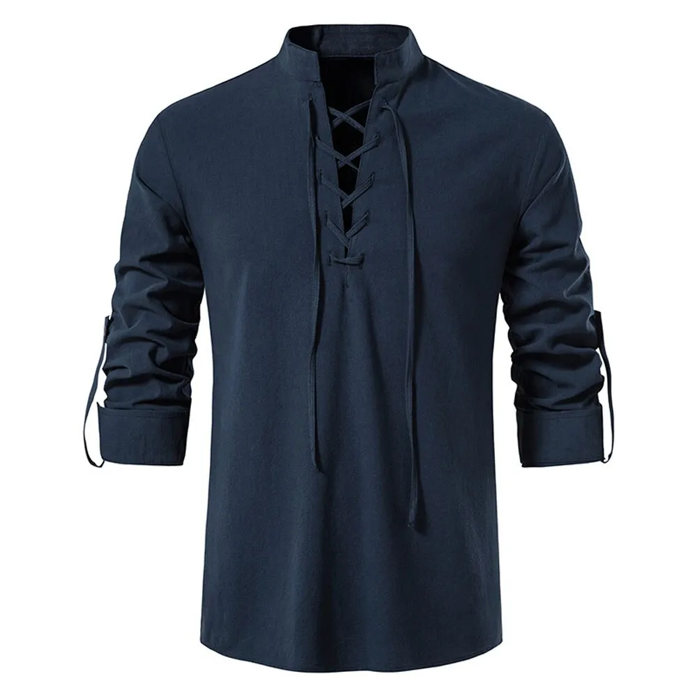 Angelo Ricci™ Casual Long Sleeve Button Loose Linen Henley Shirt