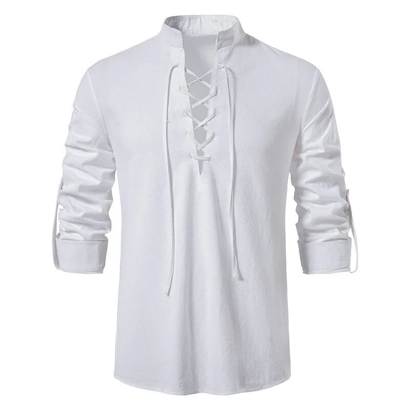 Angelo Ricci™ Casual Long Sleeve Button Loose Linen Henley Shirt