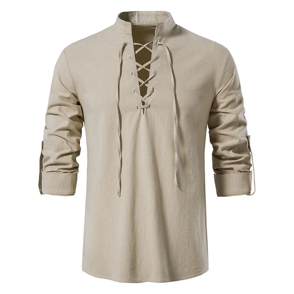 Angelo Ricci™ Casual Long Sleeve Button Loose Linen Henley Shirt