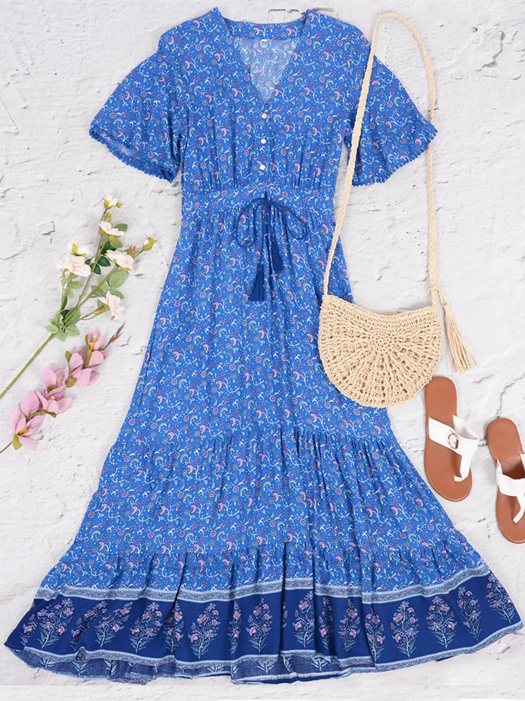 Anna-Kaci Women Floral V-Neck Boho Short Sleeve Summer Belted Ruffle Maxi Dress