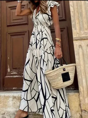 Black and White Abstract Tier Ruffle Maxi Dress