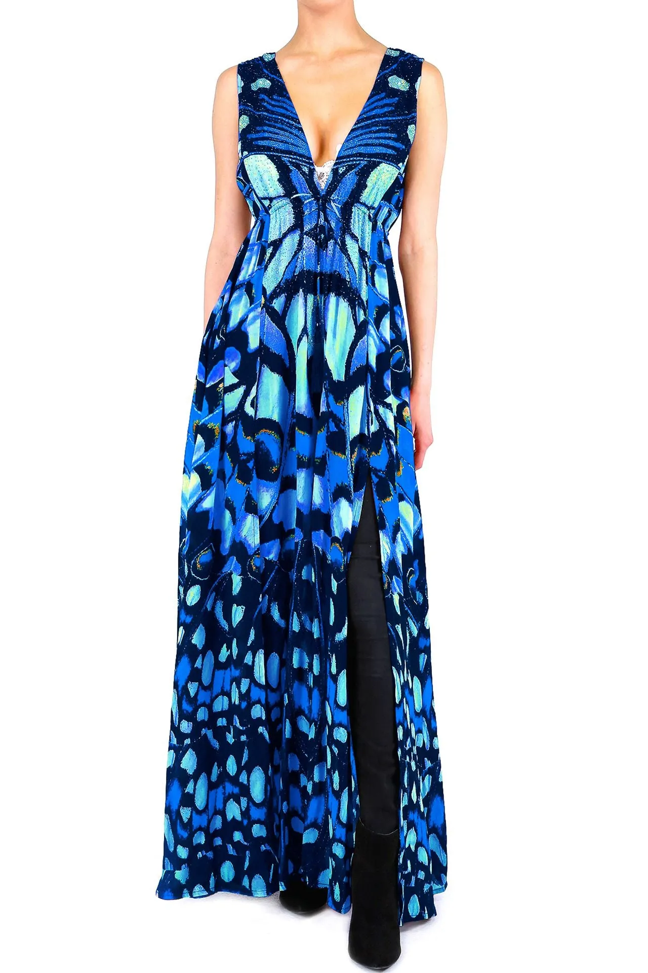 Blue Deep V Cut Dress