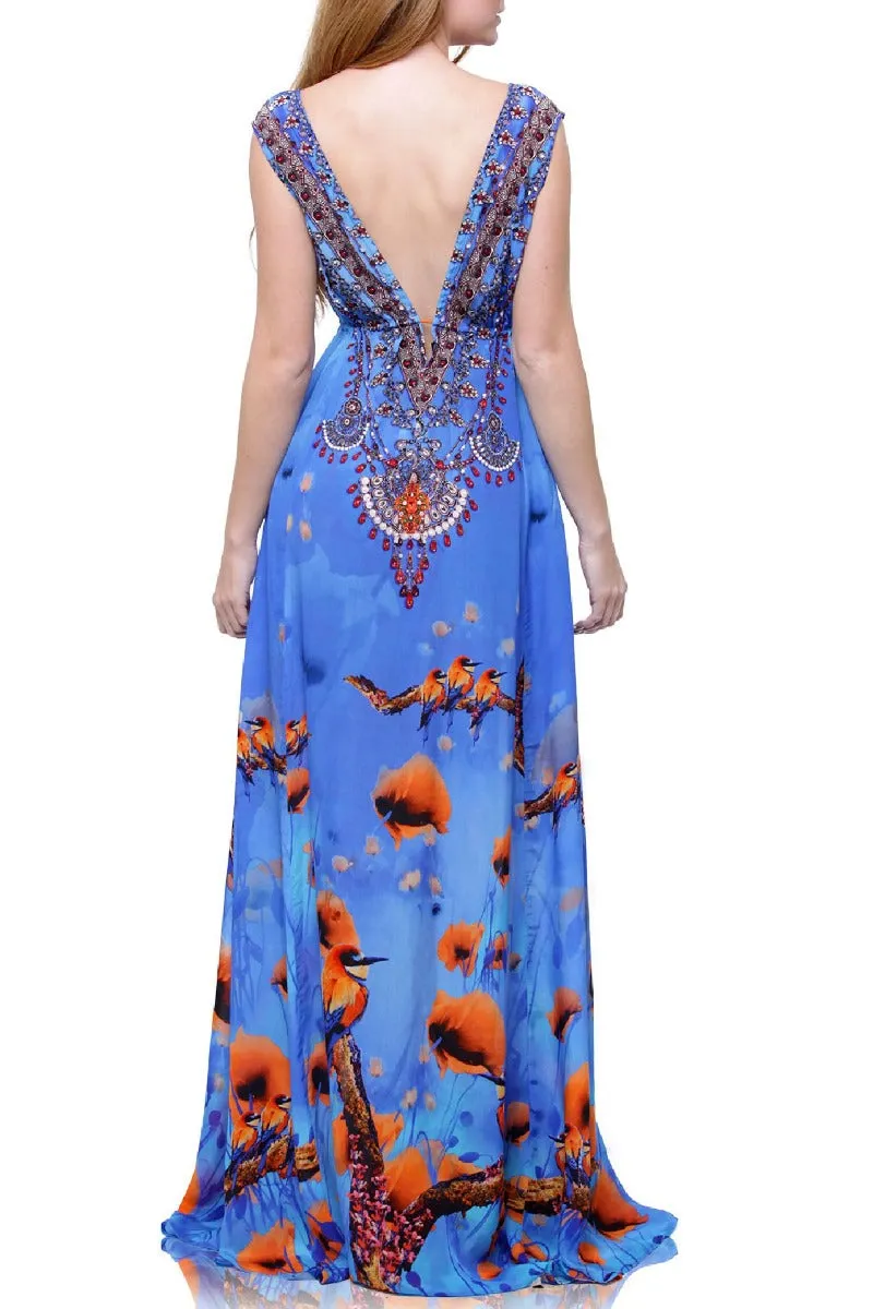 Blue Floral Print Flowy Maxi Dress