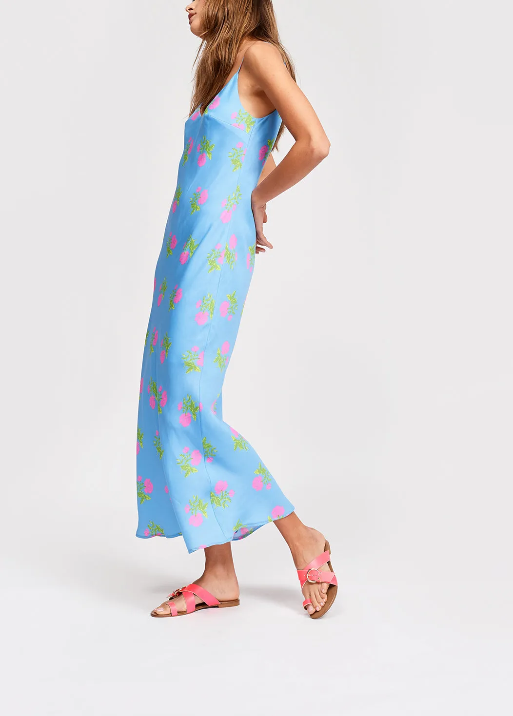 Blue floral print maxi slip dress