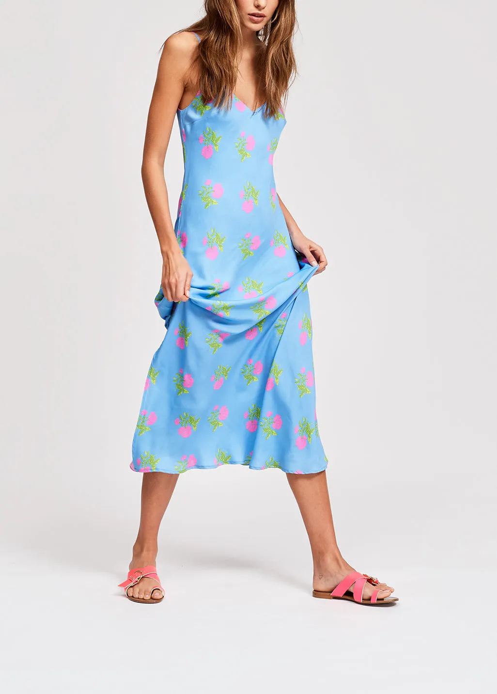 Blue floral print maxi slip dress