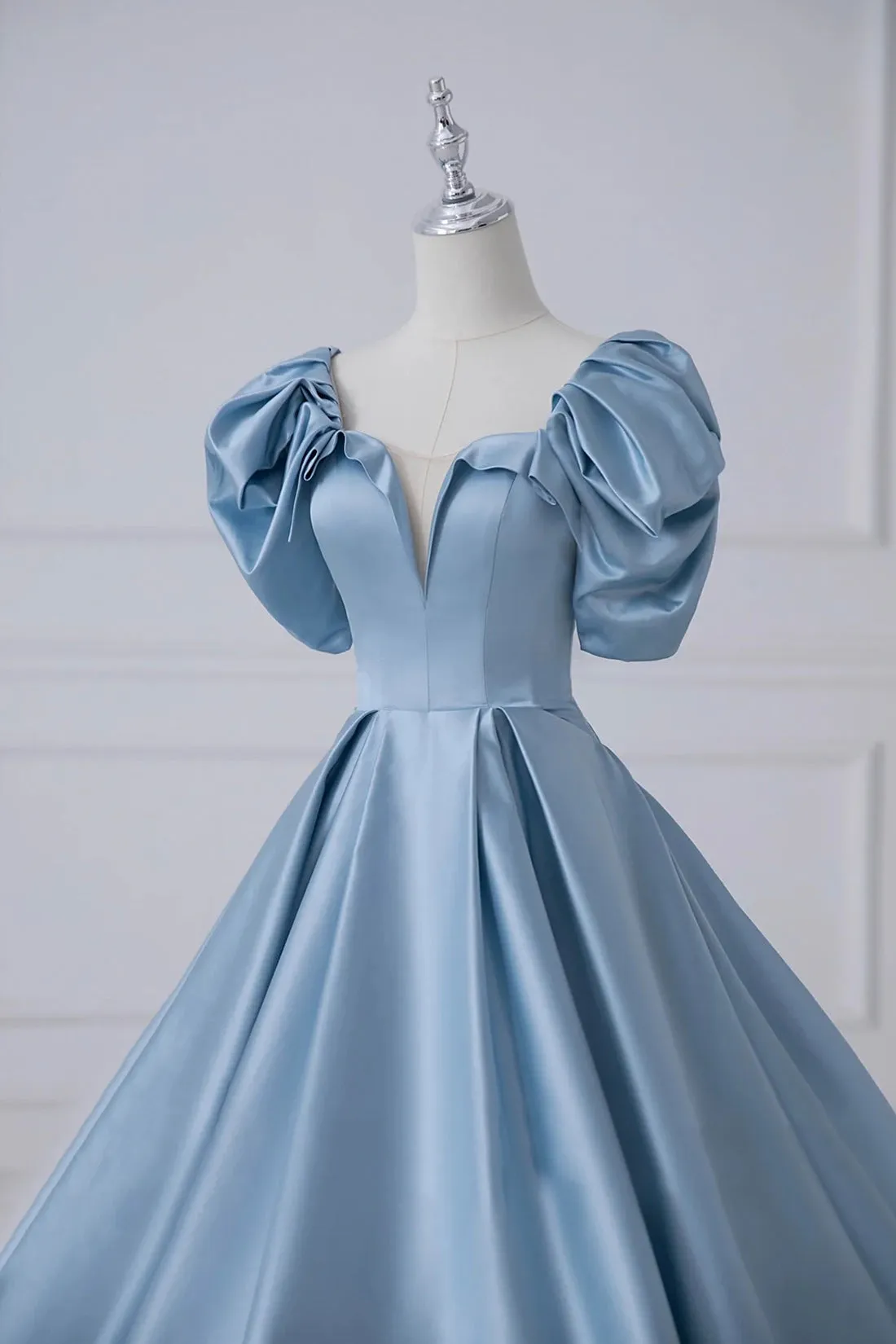 Blue Satin Long A-Line Prom Dress, Beautiful A-Line Short Sleeve Evening Dress