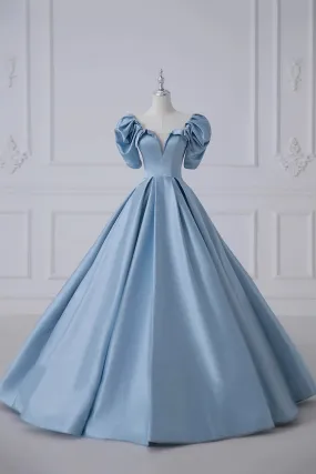 Blue Satin Long A-Line Prom Dress, Beautiful A-Line Short Sleeve Evening Dress