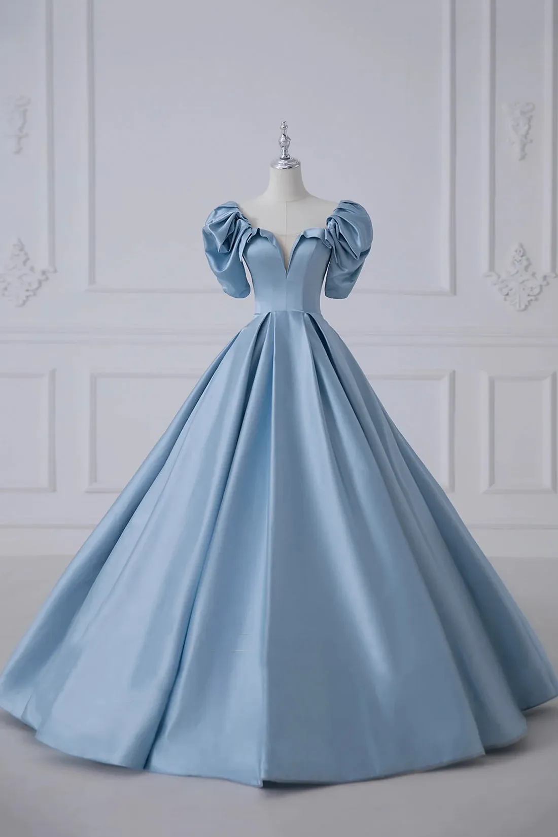 Blue Satin Long A-Line Prom Dress, Beautiful A-Line Short Sleeve Evening Dress