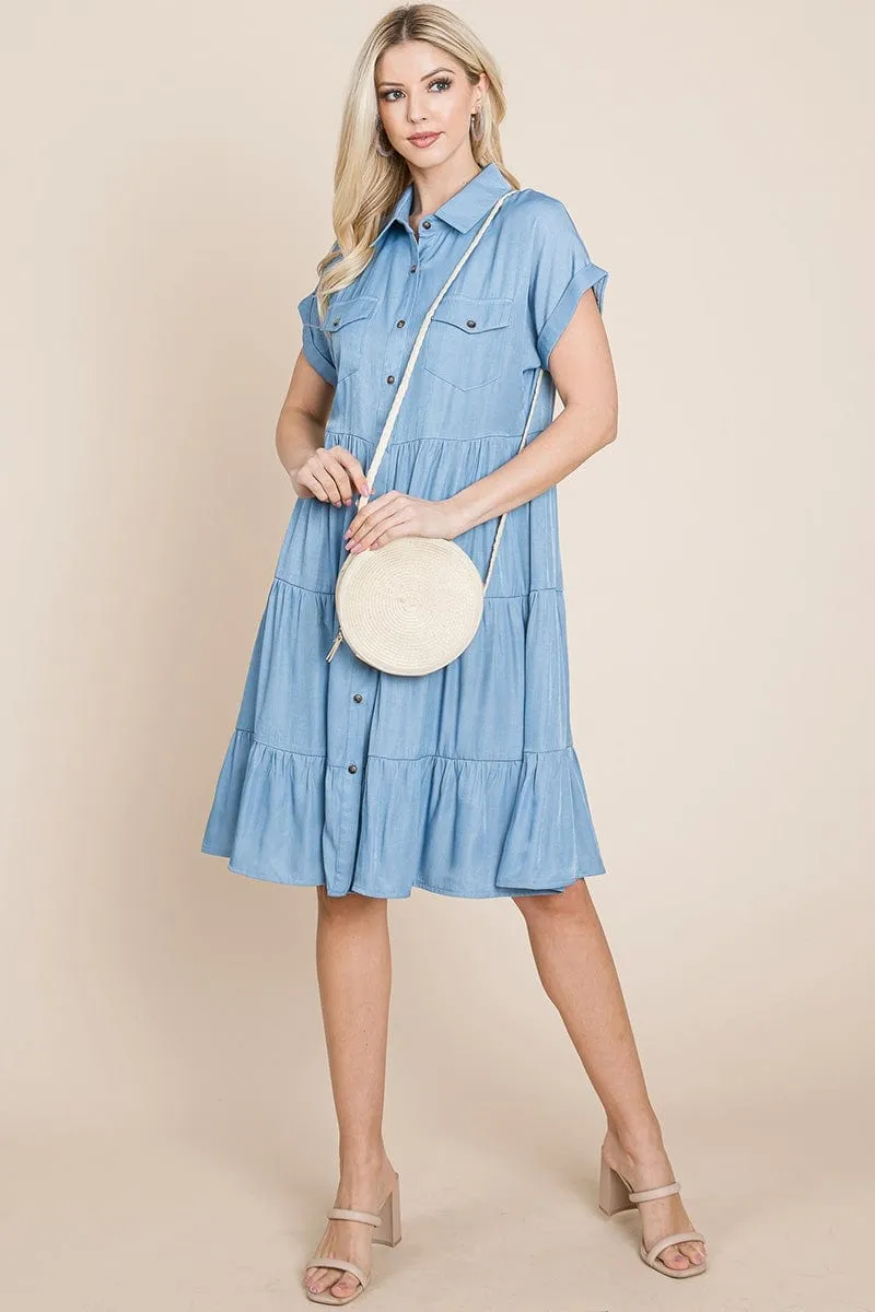 Button Down Collared Tiered Chambray Shirt Dress, S-3X