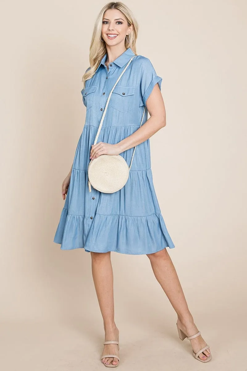 Button Down Collared Tiered Chambray Shirt Dress, S-3X