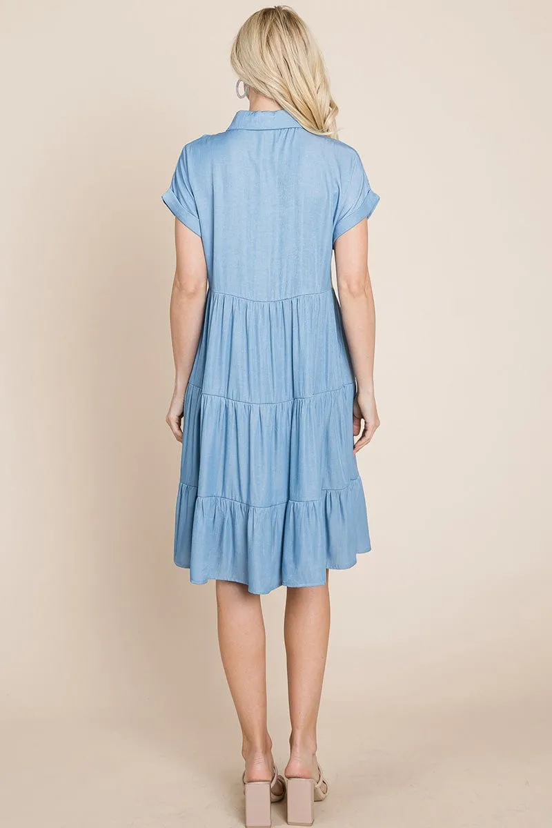 Button Down Collared Tiered Chambray Shirt Dress, S-3X