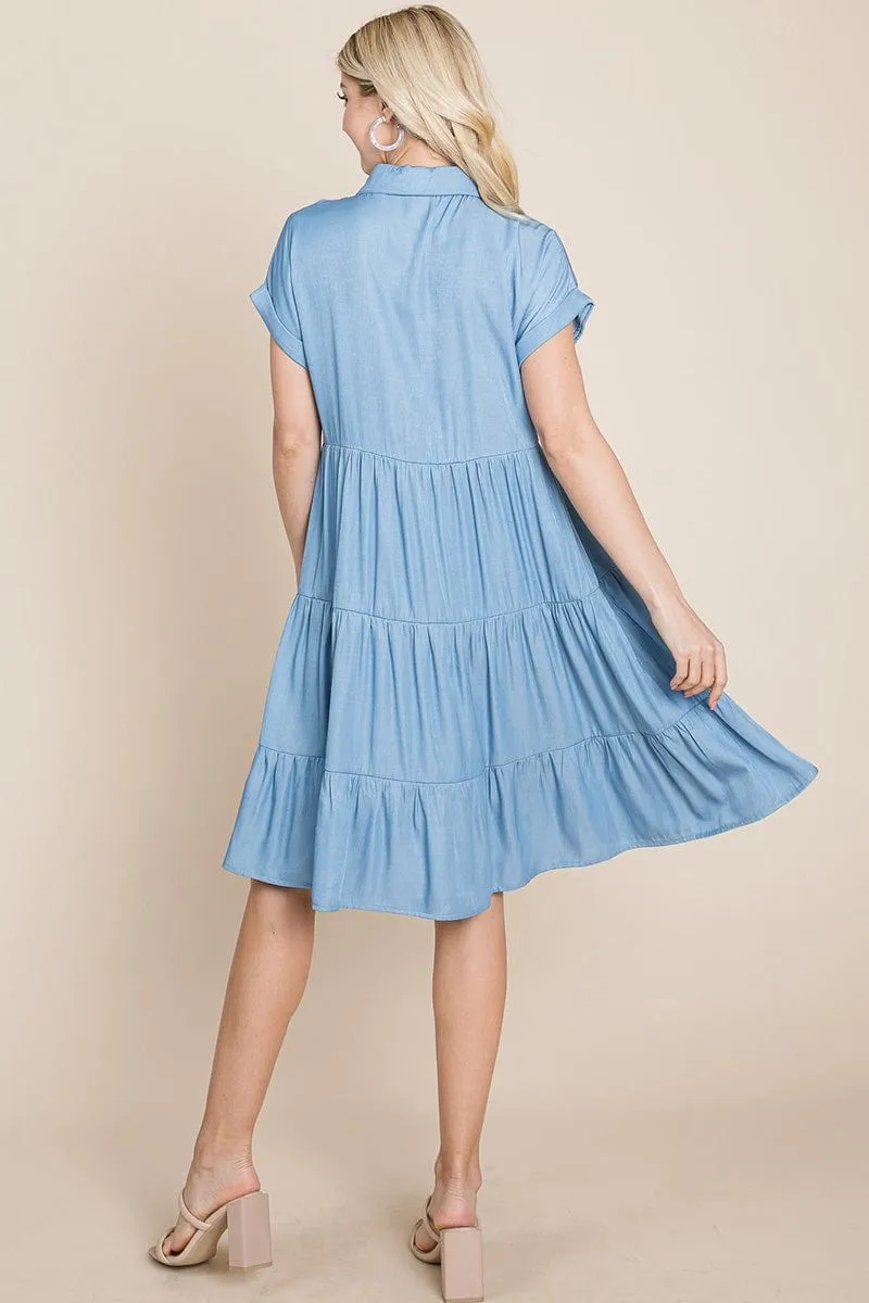 Button Down Collared Tiered Chambray Shirt Dress, S-3X