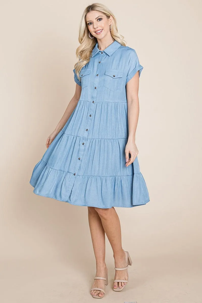 Button Down Collared Tiered Chambray Shirt Dress, S-3X
