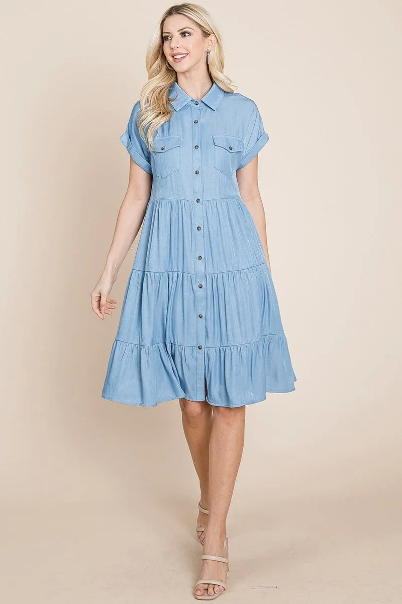 Button Down Collared Tiered Chambray Shirt Dress, S-3X