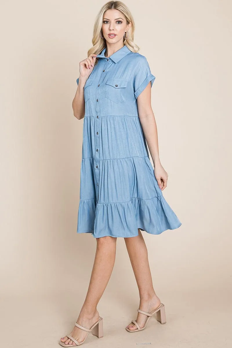 Button Down Collared Tiered Chambray Shirt Dress, S-3X