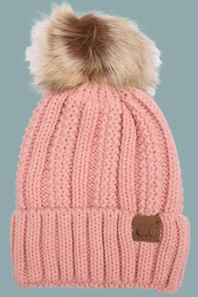 Cable Knit Beanie Fur Pom