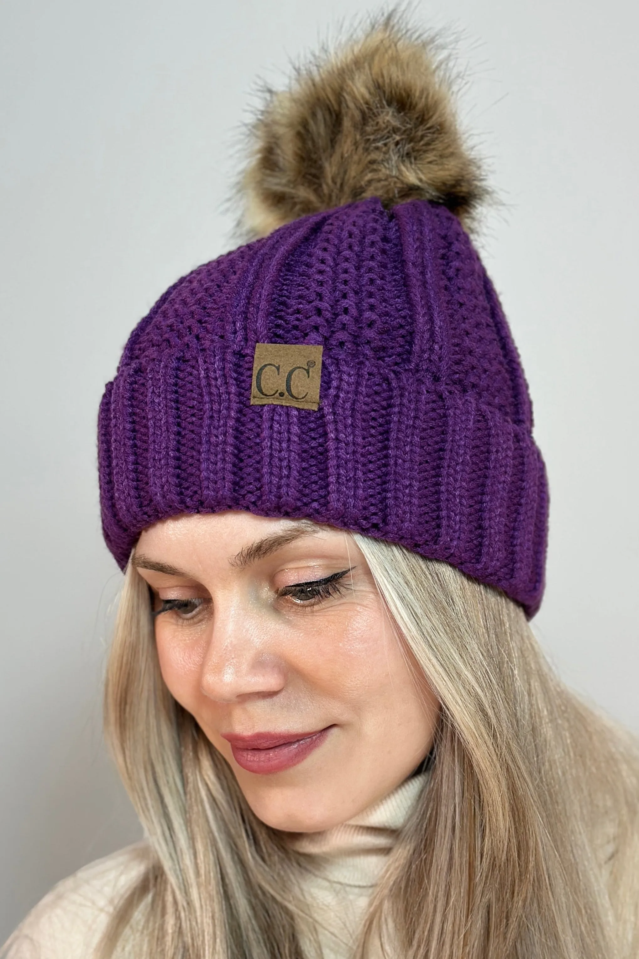 Cable Knit Beanie Fur Pom