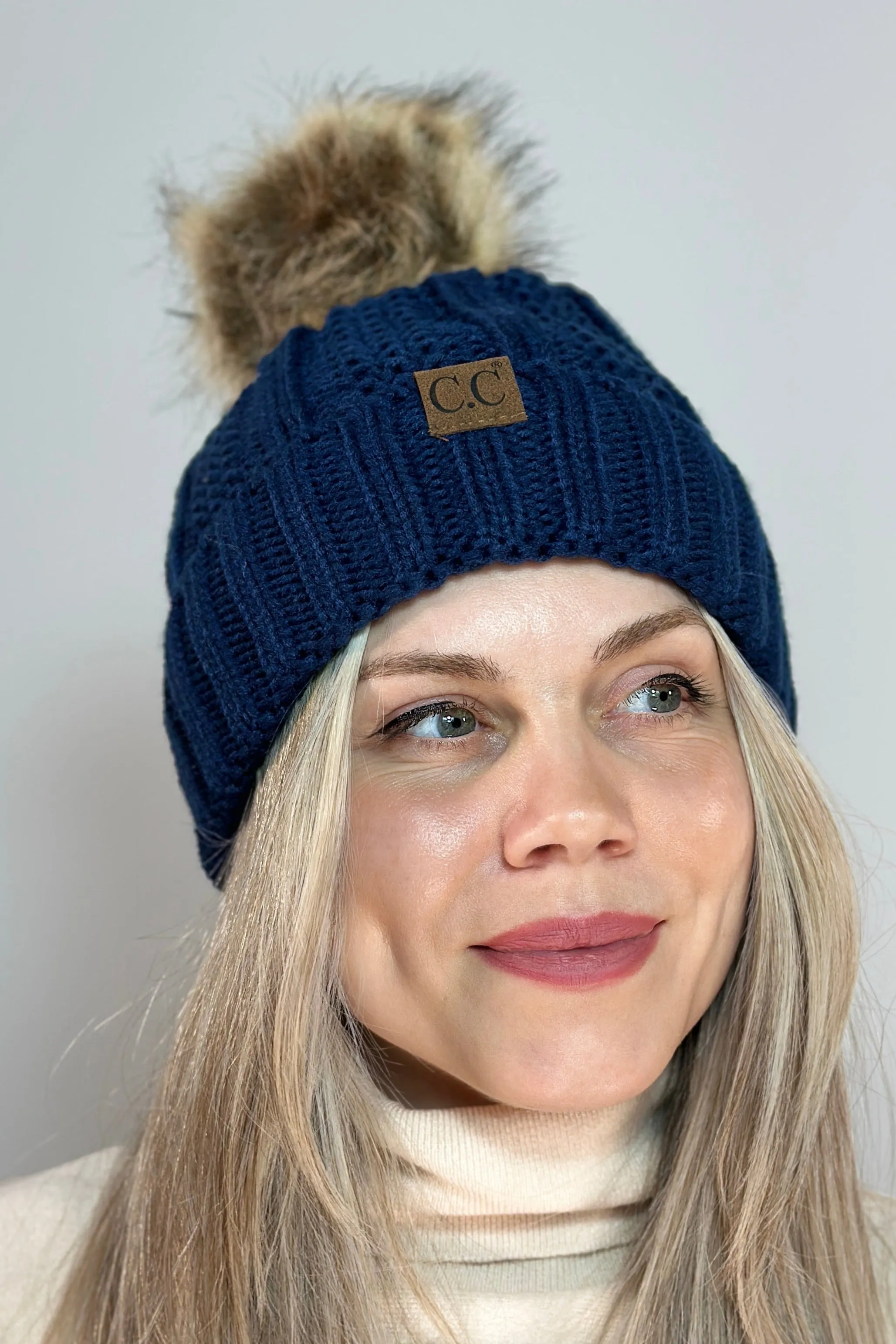Cable Knit Beanie Fur Pom