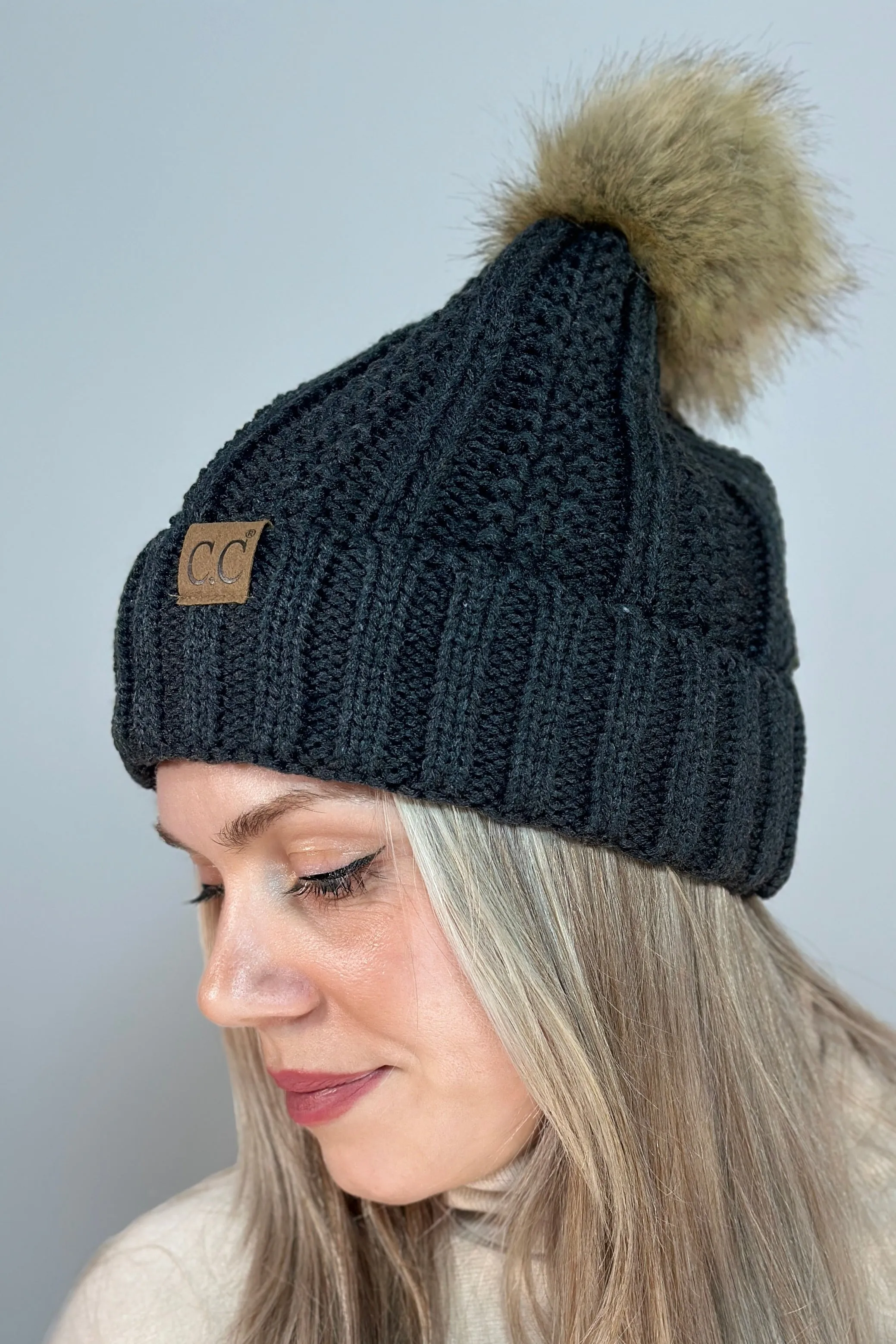 Cable Knit Beanie Fur Pom
