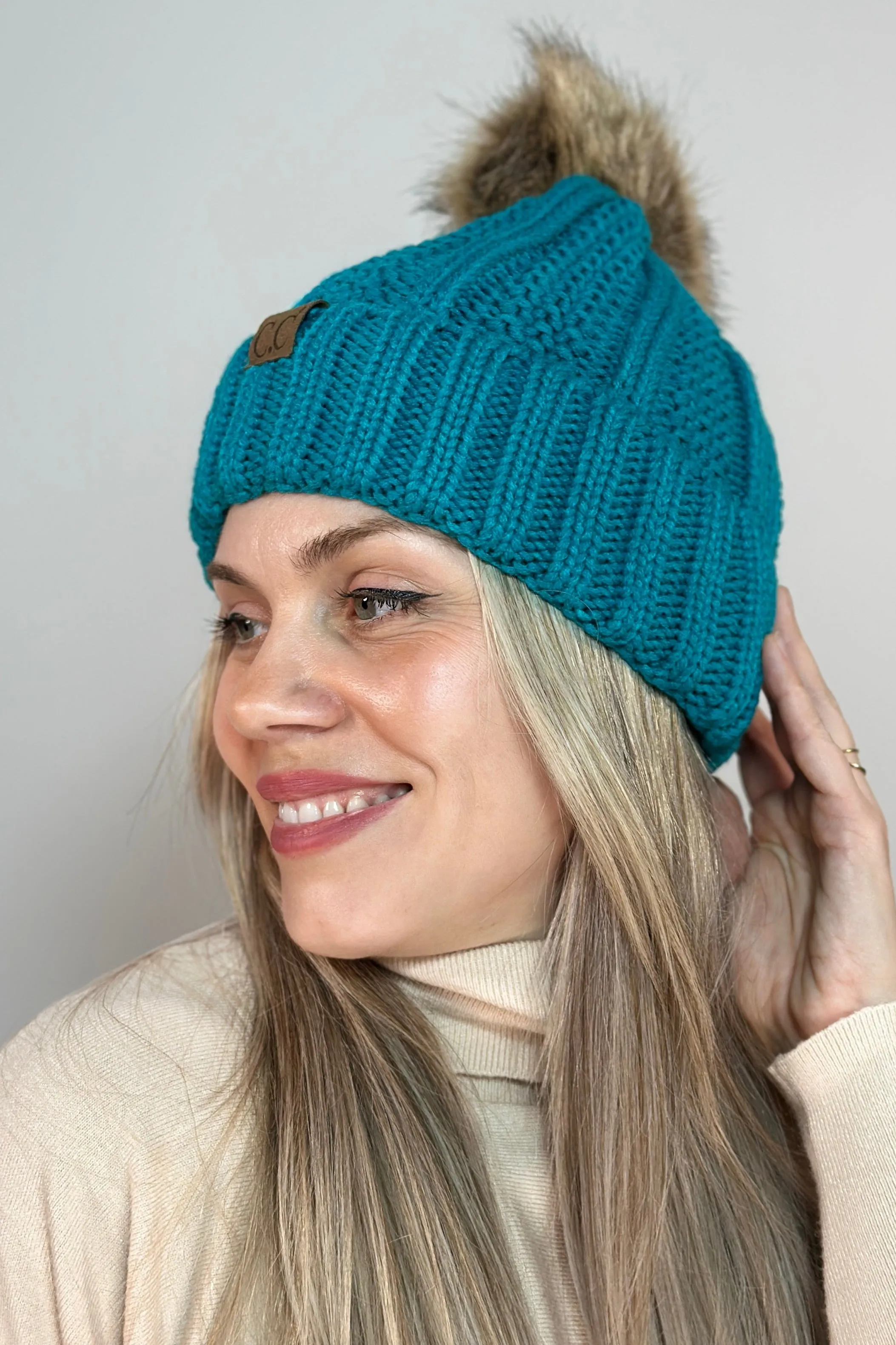 Cable Knit Beanie Fur Pom