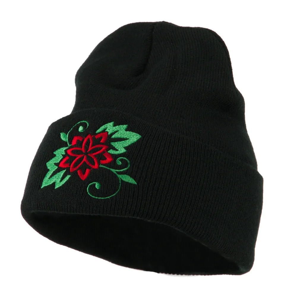 Christmas Poinsettia Flower Embroidered Long Beanie