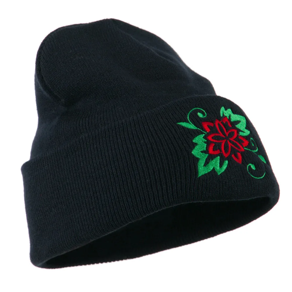 Christmas Poinsettia Flower Embroidered Long Beanie