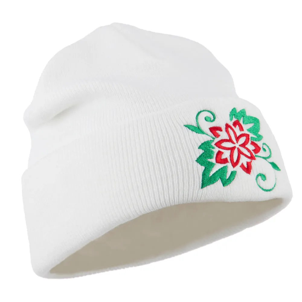 Christmas Poinsettia Flower Embroidered Long Beanie