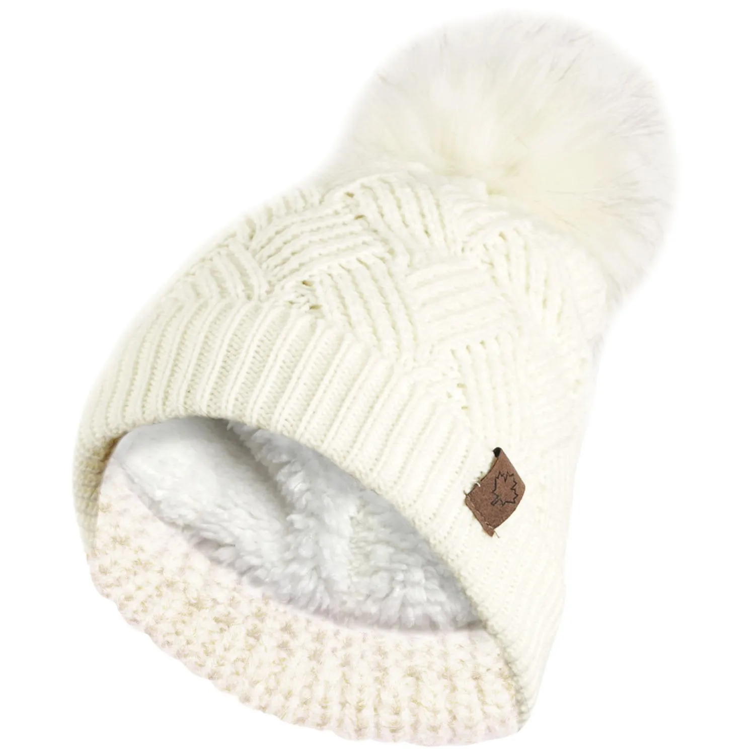 Chunky Diamond Cable Knit Hat with Thermal Teddy Fleece Lining