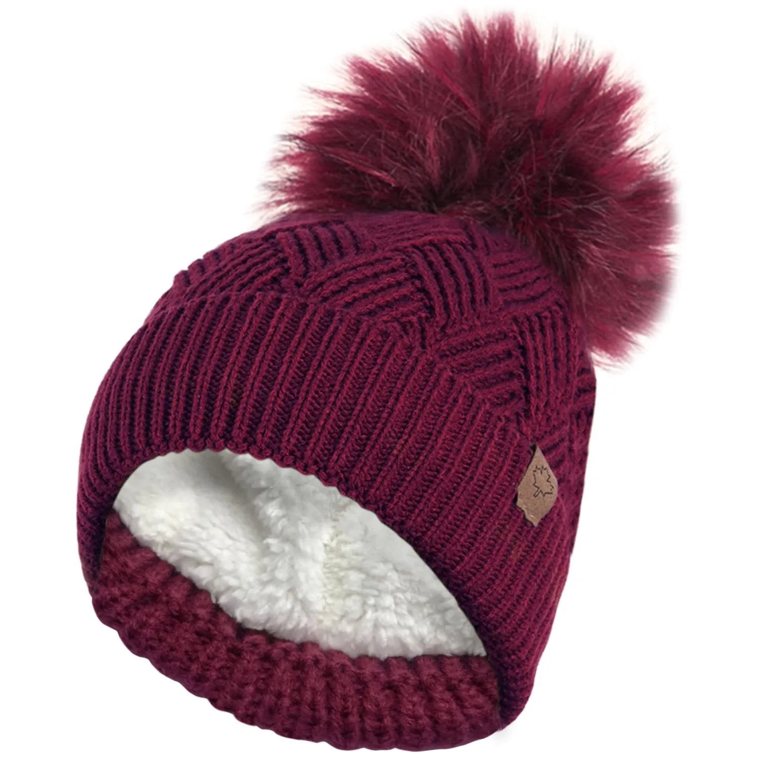 Chunky Diamond Cable Knit Hat with Thermal Teddy Fleece Lining