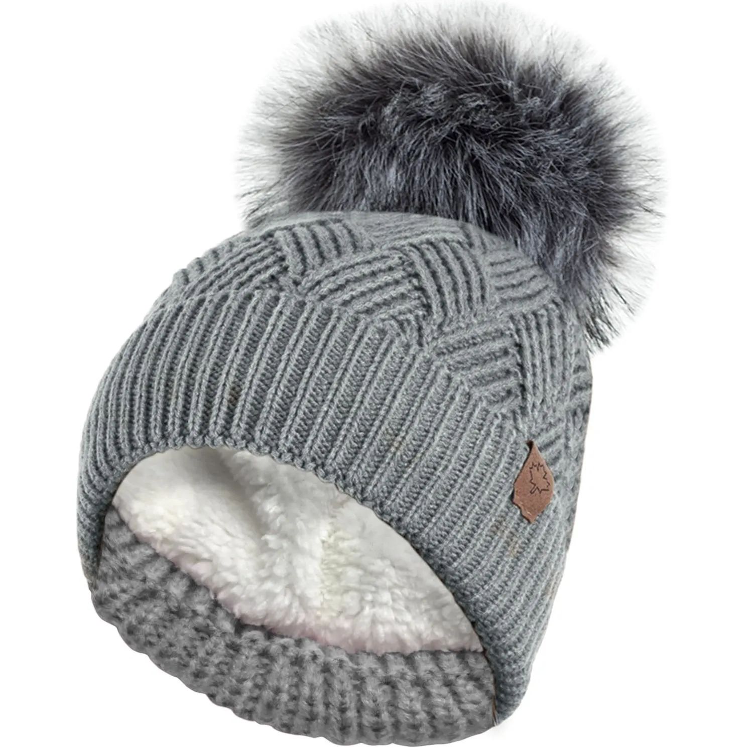Chunky Diamond Cable Knit Hat with Thermal Teddy Fleece Lining