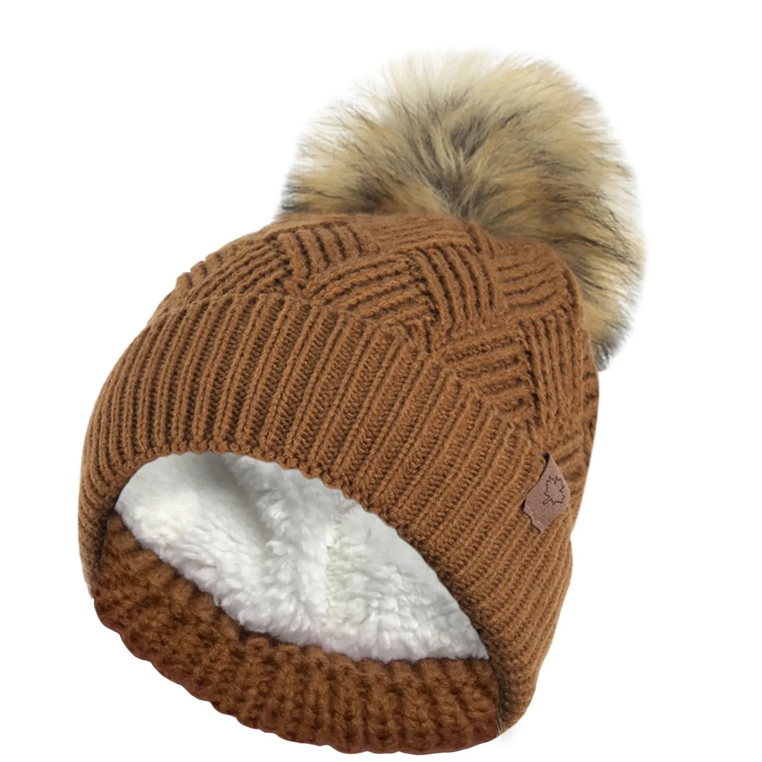 Chunky Diamond Cable Knit Hat with Thermal Teddy Fleece Lining