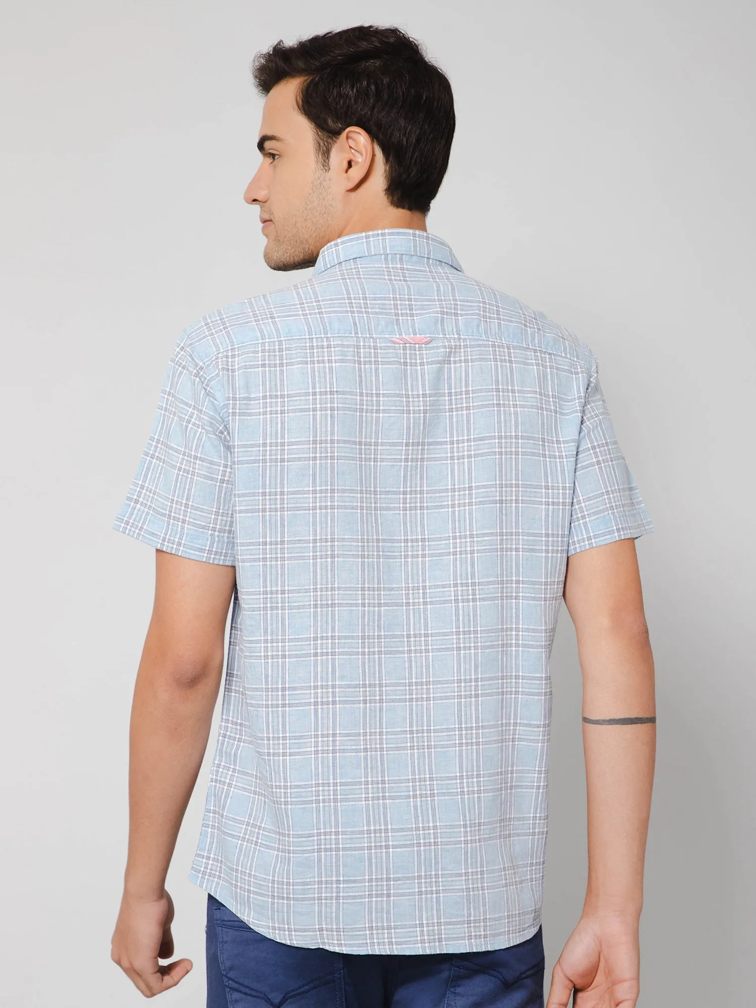 Cotton Blend Checkered Sky Blue Half Sleeve Regular Fit Casual Shirt for Men with Pocket