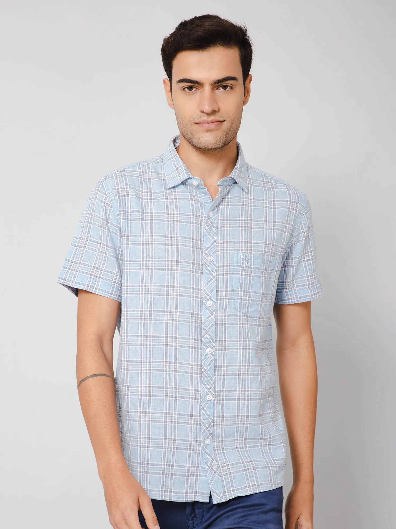 Cotton Blend Checkered Sky Blue Half Sleeve Regular Fit Casual Shirt for Men with Pocket