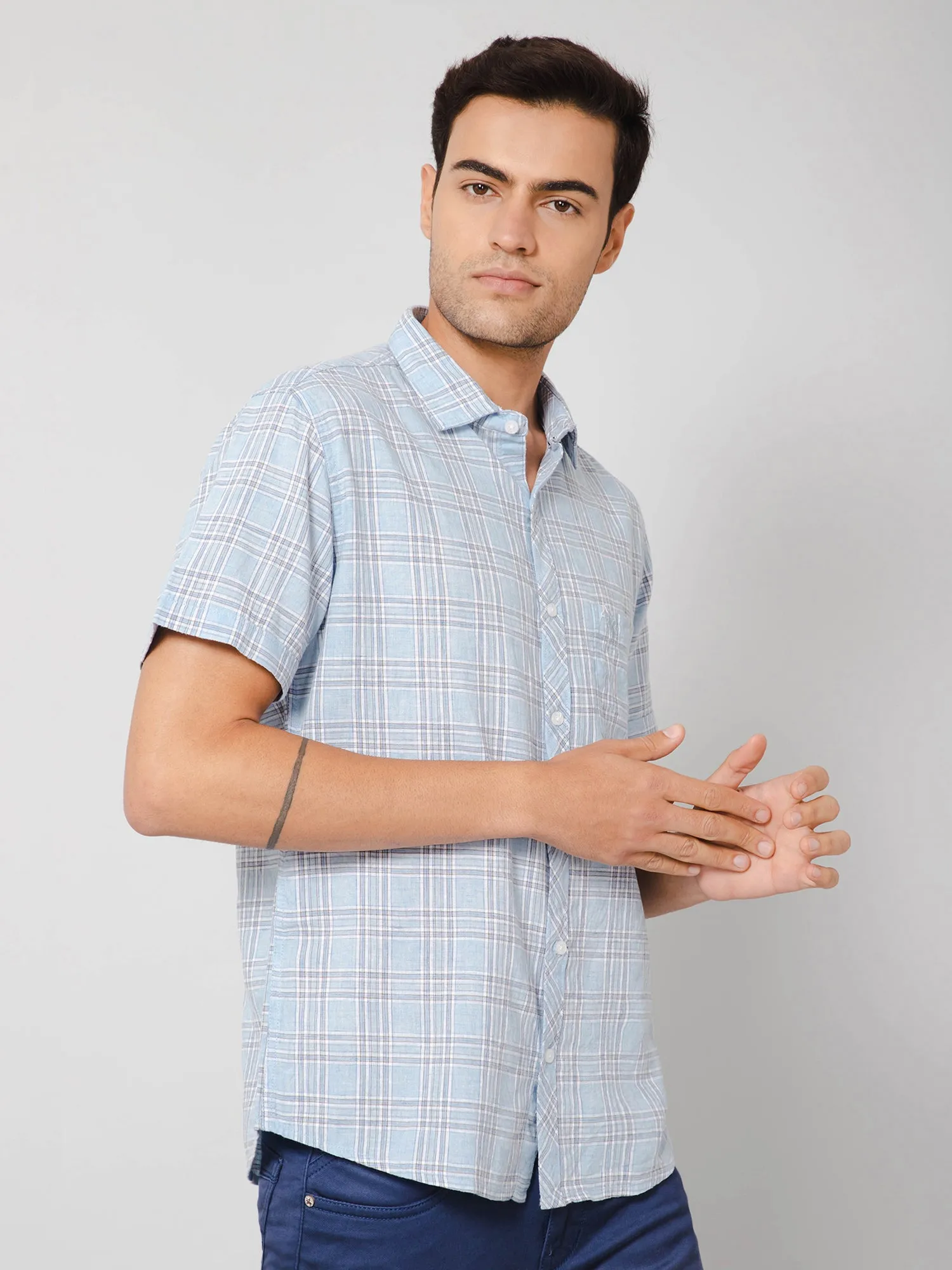 Cotton Blend Checkered Sky Blue Half Sleeve Regular Fit Casual Shirt for Men with Pocket