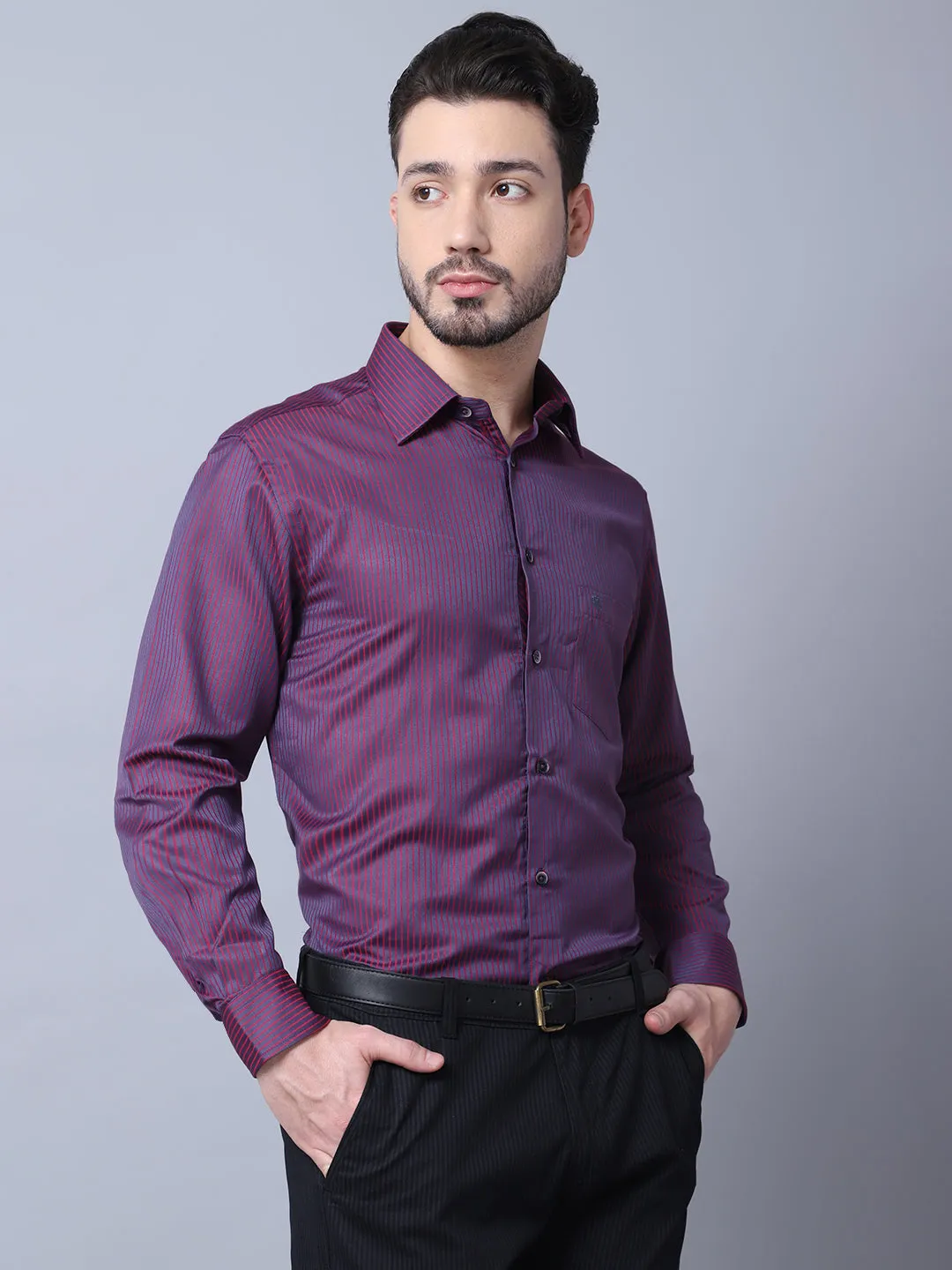 Cotton Blend Striped Purple Full Sleeve Regular Fit Formal Shirt for Men with Pocket