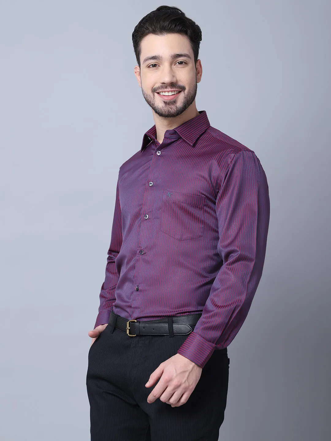 Cotton Blend Striped Purple Full Sleeve Regular Fit Formal Shirt for Men with Pocket