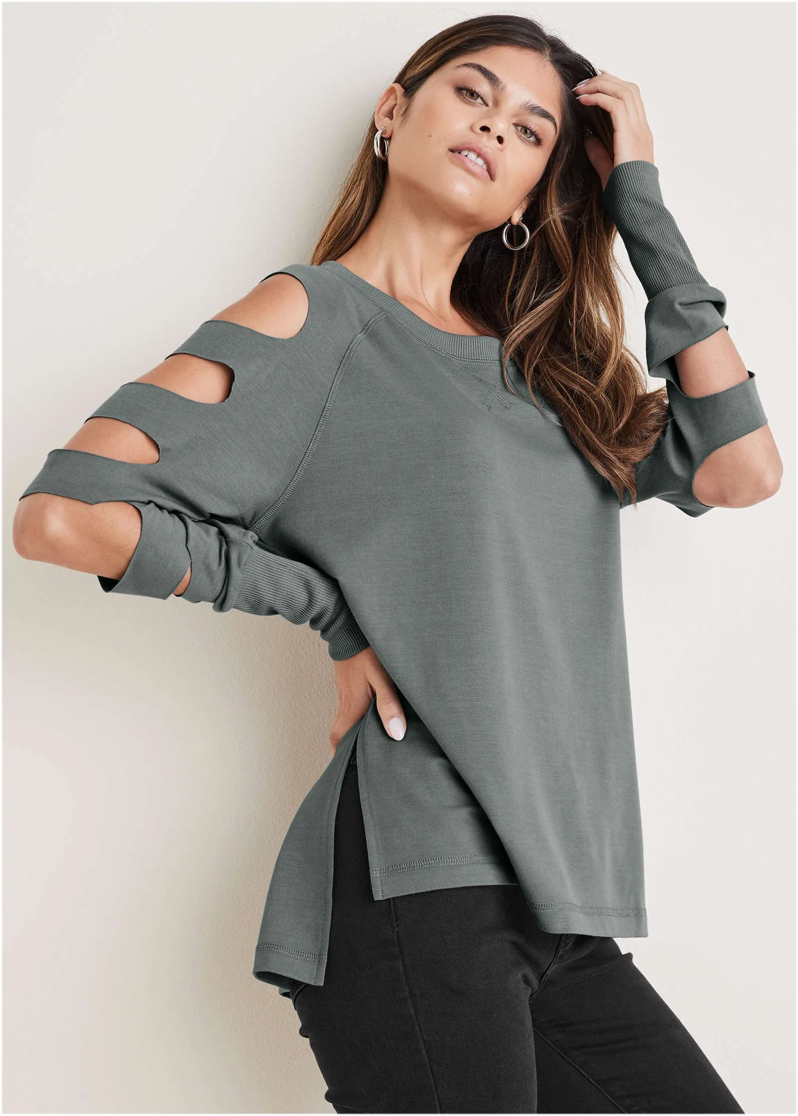 Cutout Sleeve Sweatshirt - Seafog