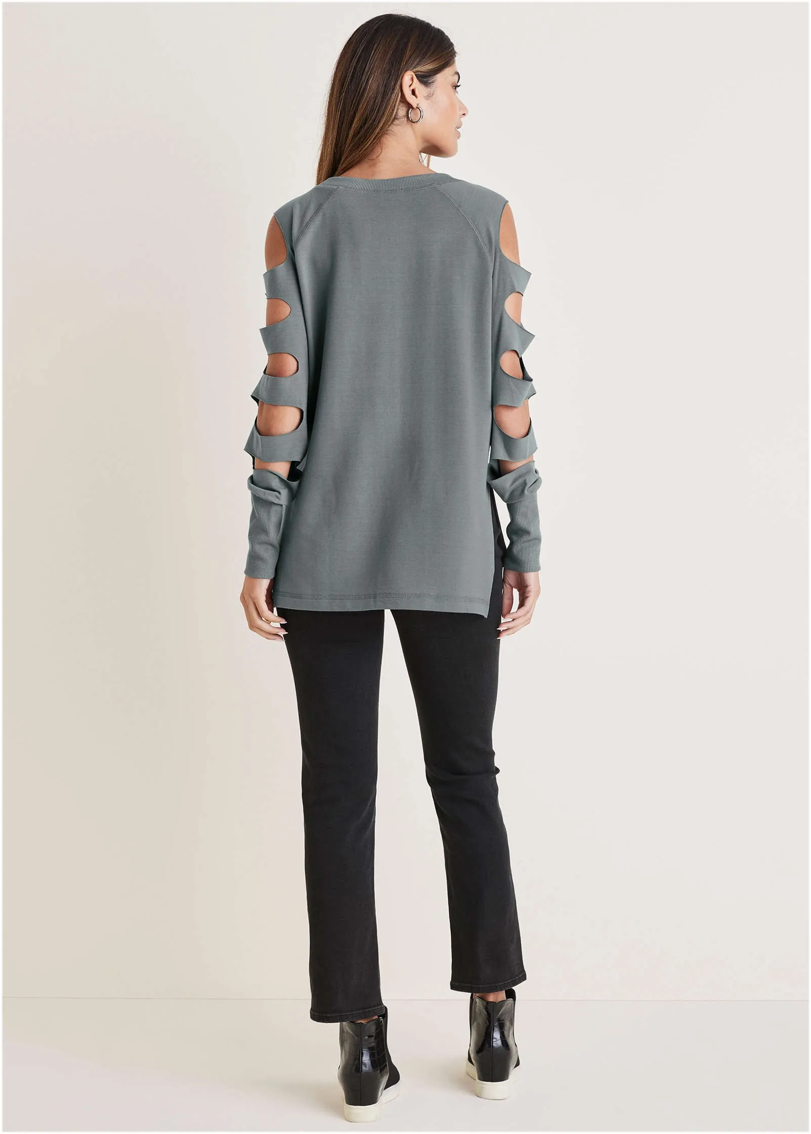Cutout Sleeve Sweatshirt - Seafog