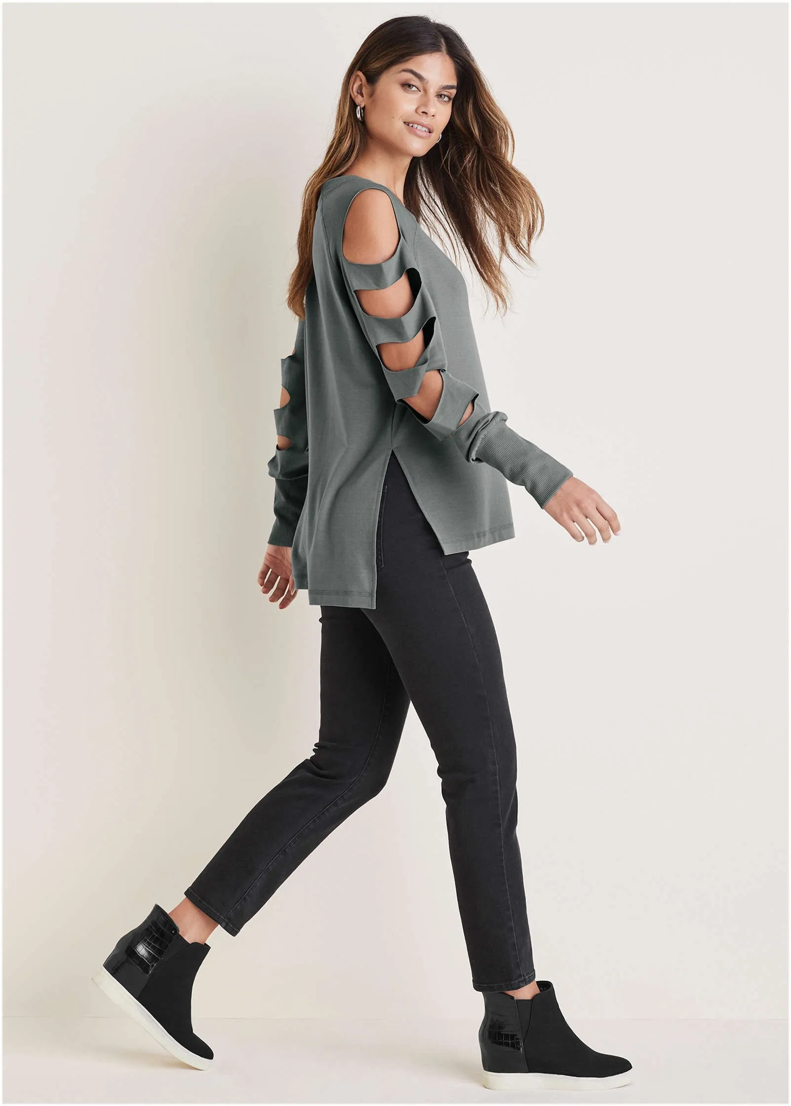Cutout Sleeve Sweatshirt - Seafog